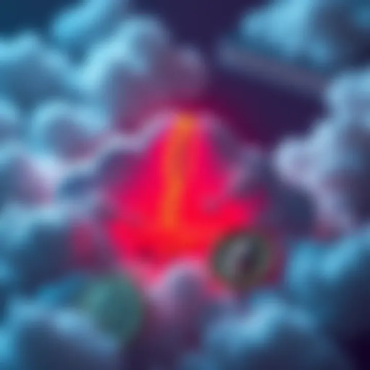 A visual representation of a cloud service outage impacting cryptocurrency platforms, showing a broken cloud icon and currency symbols like Bitcoin and Ethereum in distress.