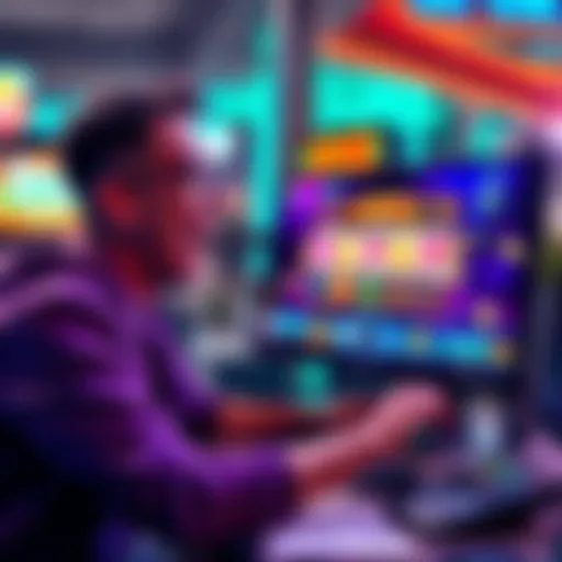 A person excitedly playing on Cloudbet with a computer, colorful graphics of spins and cash displayed on the screen