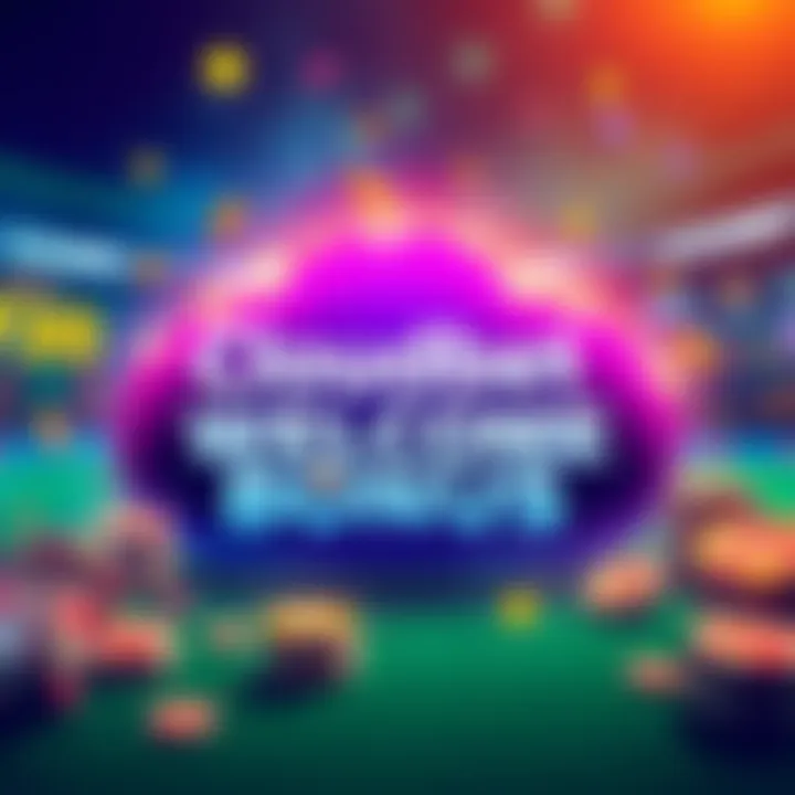 A digital graphic showcasing Cloudbet's WELCOME bonus with betting symbols and a vibrant background.