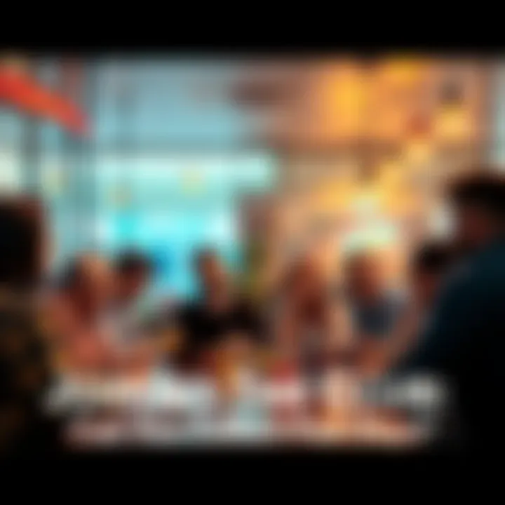 A group of diverse people discussing membership benefits in a casual setting.