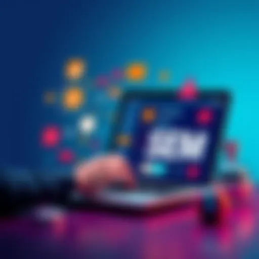 Graphic showing a person using a laptop with various CMS icons and SEO elements like links and titles around