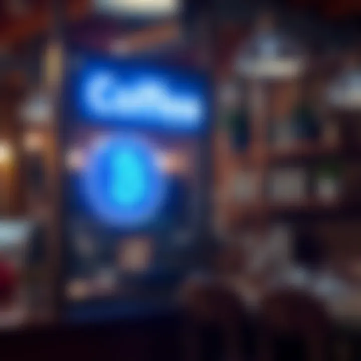 Coffee shop with Bitcoin logo A cozy coffee shop with a Bitcoin logo displayed on a sign, indicating a lack of Bitcoin's Lightning Network use