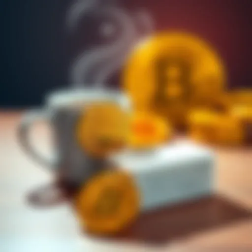A coffee cup and a bar of soap next to Bitcoin logos, representing everyday purchases using cryptocurrency.