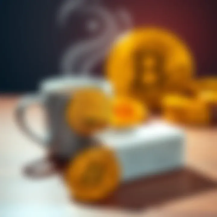 A coffee cup and a bar of soap next to Bitcoin logos, representing everyday purchases using cryptocurrency.
