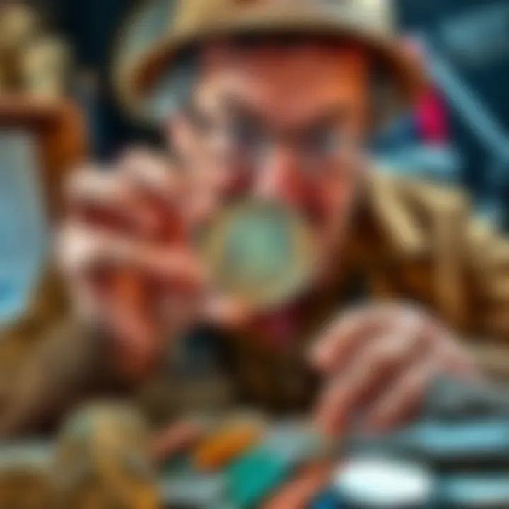 A coin collector excitedly examines a shiny coin, looking for details that might indicate it's a valuable error coin, surrounded by other coins and tools for inspection.