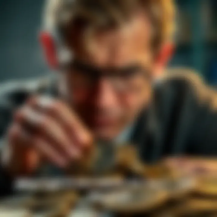 A coin collector looking closely at a variety of coins, showcasing different styles and designs.