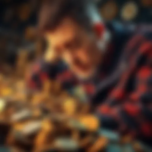 A coin enthusiast looking through a large collection of coins, showing a mix of excitement and frustration about finding rare coins.