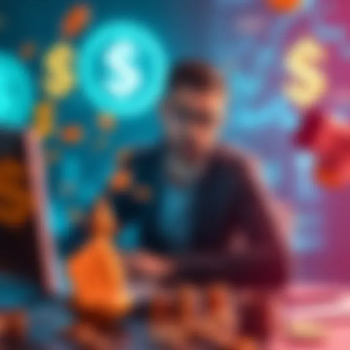 A person analyzing cryptocurrency trends on a computer while contemplating memecoins, surrounded by dollar signs and coins.