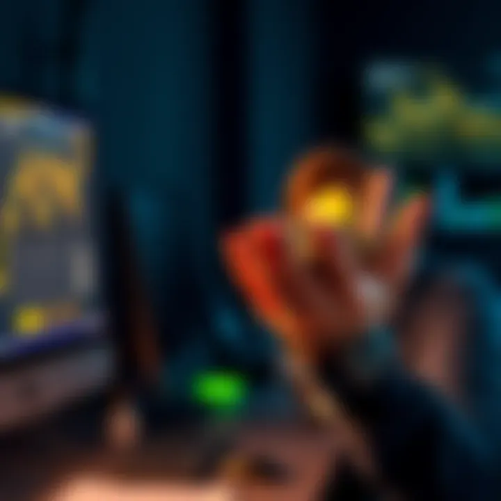 A person excitedly holding a handful of coins while looking at a computer screen showing Dixt finance, suggesting a financial windfall