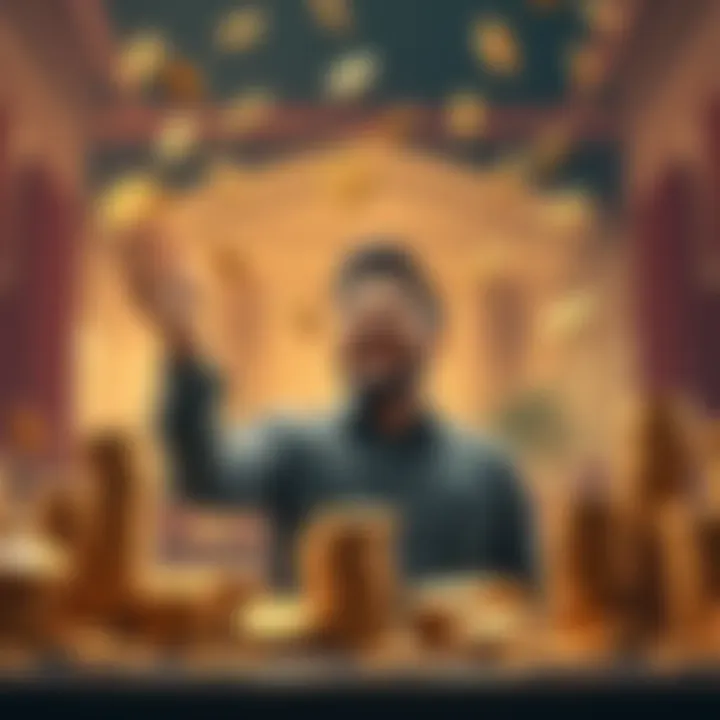 Coin Tossing Challenge A person tossing a coin in the air with excitement, surrounded by stacks of coins and a bank-like setting.