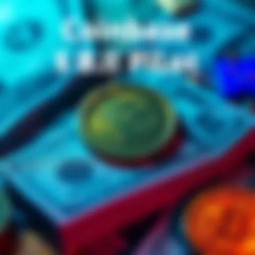 Announcement of Coinbase's universal basic income program with dollar bills and cryptocurrency symbols in the background