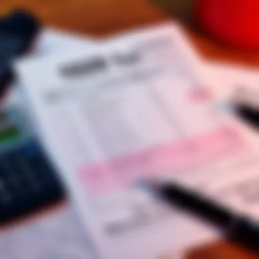 A document showing a Coinbase 1099 form with highlighted discrepancies in numbers, surrounded by tax-related items such as a calculator and pen.