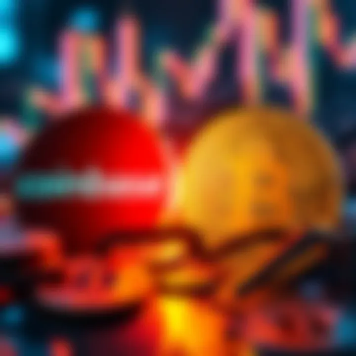 A visual comparison of Coinbase and BlackRock logos with Bitcoin symbols, representing the competition in the cryptocurrency market.