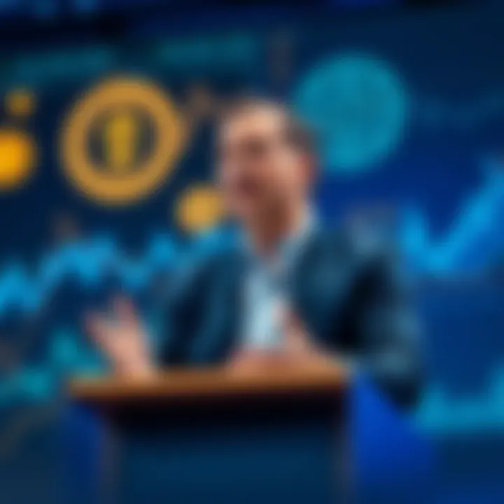 A businessman speaking at a podium about cryptocurrency and banks, with graphics showing digital coins and financial charts in the background.