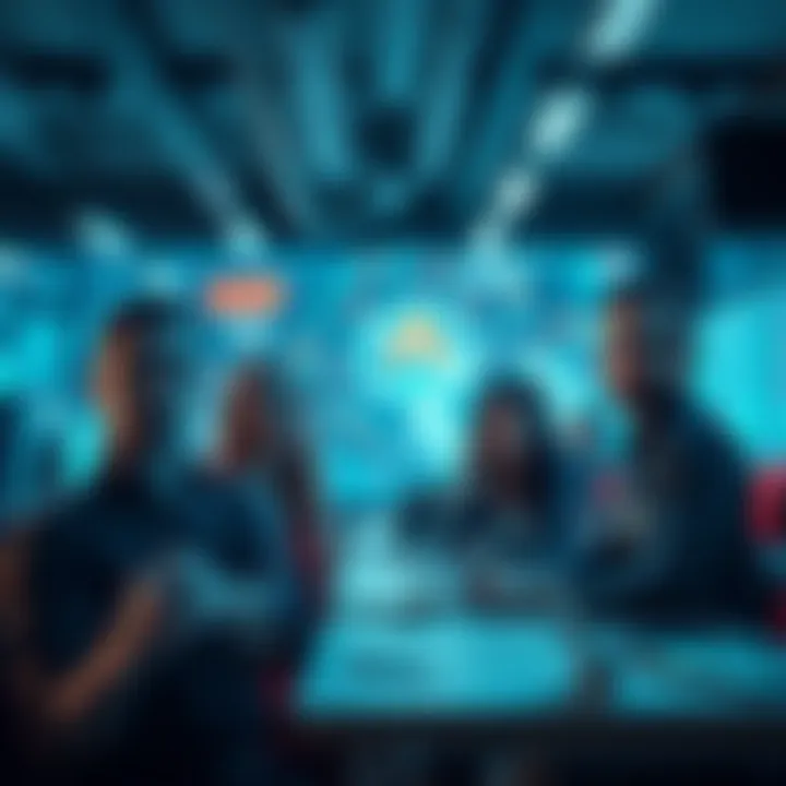 Coinbase Job Cuts A visual representation of job cuts at Coinbase, showing a team of people looking concerned in an office setting with AI-related technology in the background.