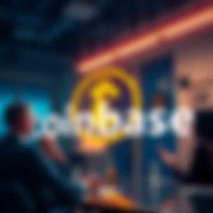 Coinbase logo with an image of a team in discussion about restructuring and job cuts