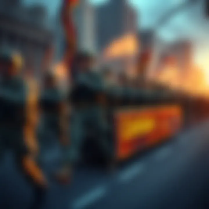 A military parade featuring soldiers and a float with Coinbase branding, symbolizing corporate involvement in social issues.