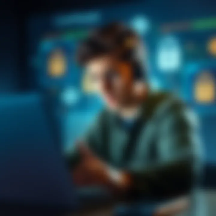 A person looking concerned while checking their Coinbase account on a laptop, with security icons in the background