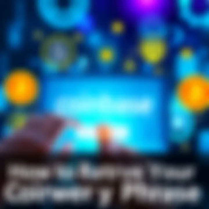 A person searching for their Coinbase recovery phrase on a digital device, surrounded by cryptocurrency icons and a secure wallet symbol