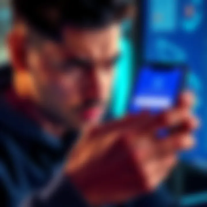 A user looking concerned while checking their phone, showing an email notification about an unauthorized transaction from Coinbase, with a password entry screen in the background.