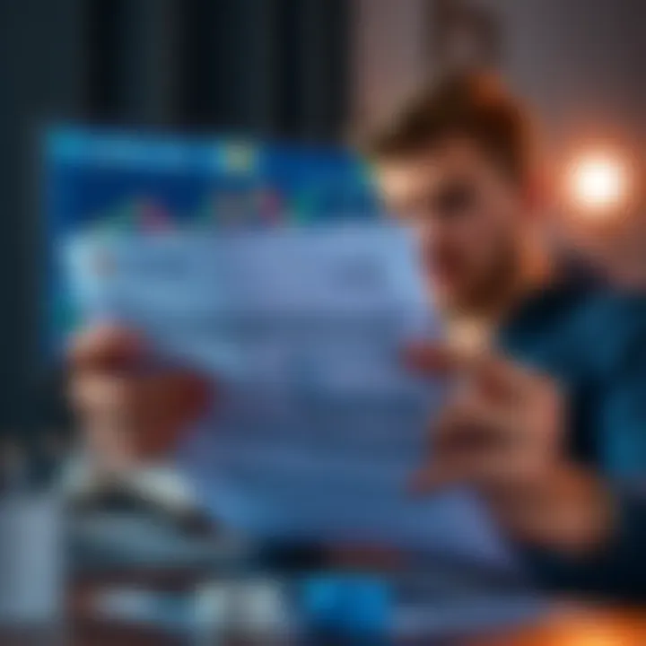 A person looks worried while holding a Coinbase tax form, with a laptop showing cryptocurrency charts in the background.
