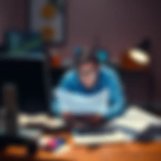 A person sitting at a computer with a frustrated expression, surrounded by documents and digital devices, representing the struggle of completing Coinbase account verification.