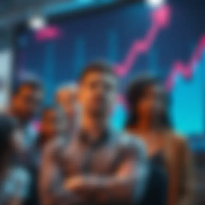 Coinbase Workforce Reduction A visual representation of Coinbase cutting its workforce, showing a diverse group of employees looking concerned while a graph in the background highlights AI-driven productivity increases.