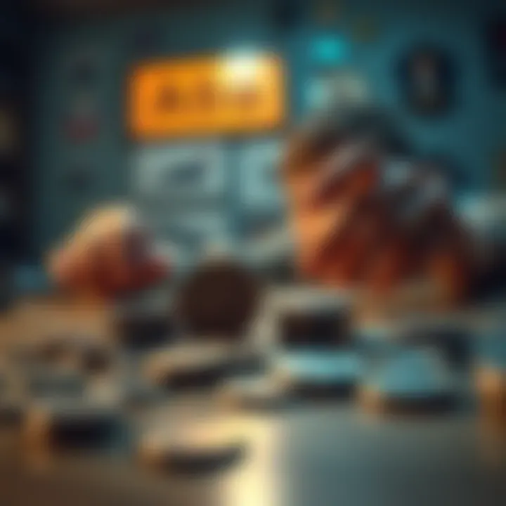 A person looks at coins and badges on a table, weighing options to save or spend