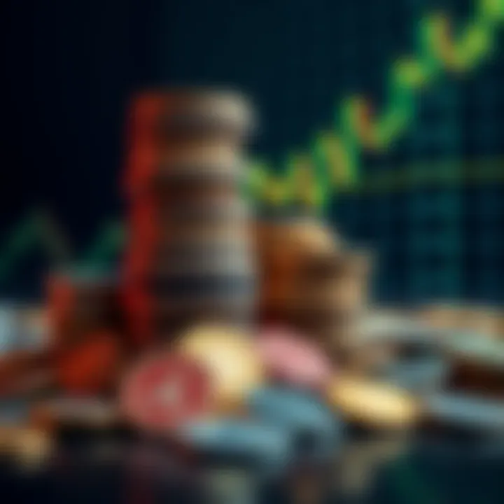 A stack of various coins representing the surge in altcoins, with a worried market graph in the background.