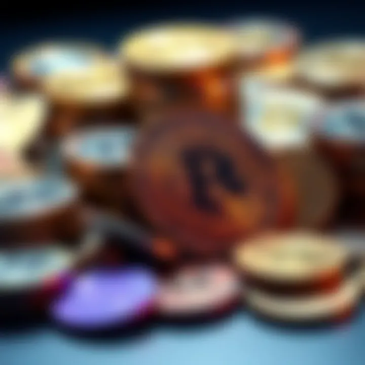 A collection of coins representing real-world value, with a spotlight on a prominent coin backed by a celebrity, symbolizing accountability in the coin market.