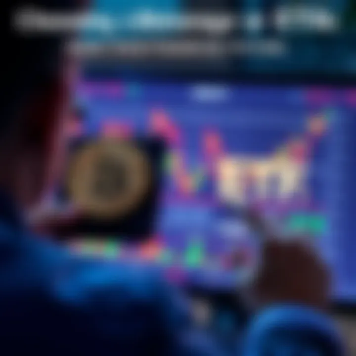 A person considering two investment options: a Bitcoin cold storage wallet and a stock market ETF on a digital screen.
