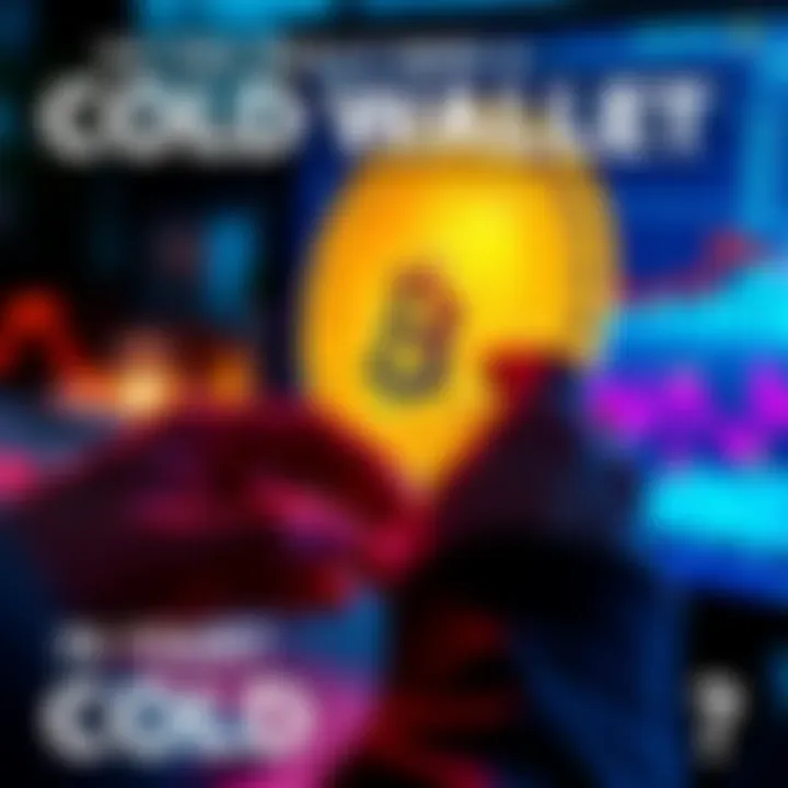 Cold Wallet for Bitcoin A person holding a cold wallet device while looking at a Bitcoin symbol on a screen