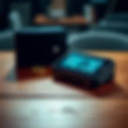 A secure cold wallet device for Bitcoin storage resting on a wooden table with a digital interface displayed on its screen.