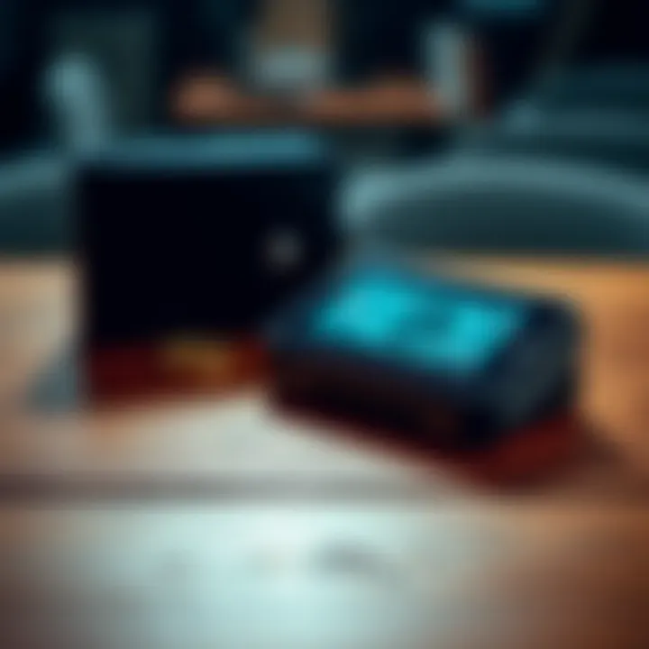 Cold Wallet for Bitcoin A secure cold wallet device for Bitcoin storage resting on a wooden table with a digital interface displayed on its screen.