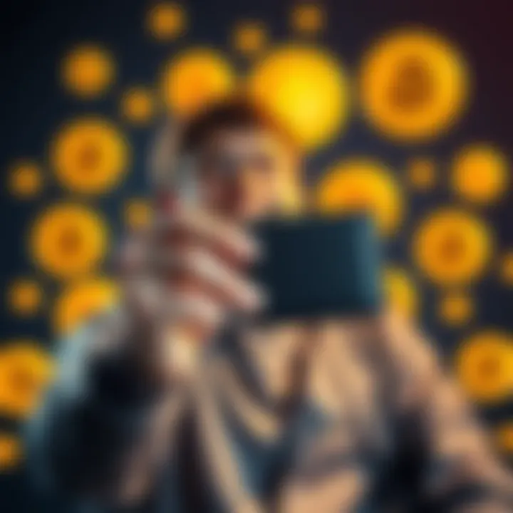 A person excitedly holding their first cold wallet with Bitcoin logos surrounding them.