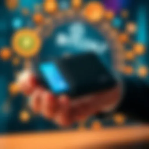 A person holding a cold wallet device with cryptocurrency symbols in the background