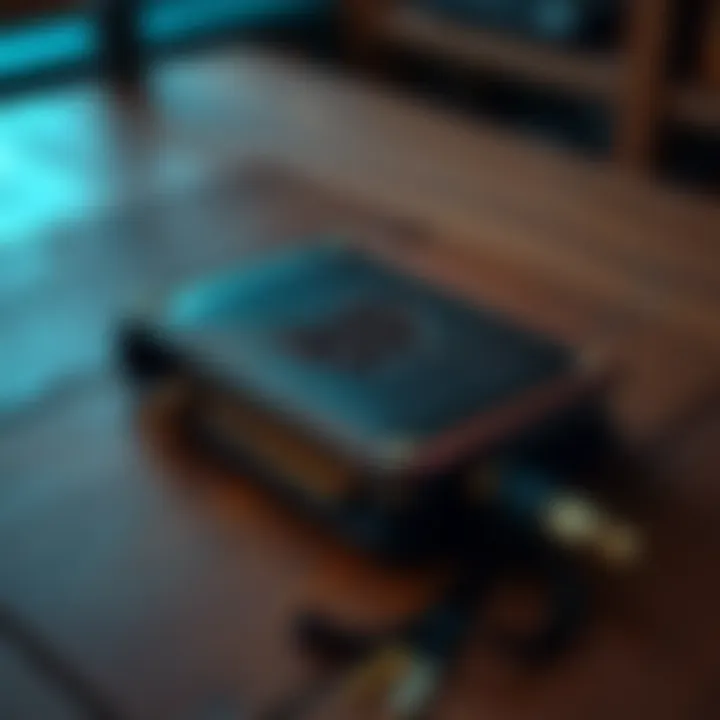 A cold wallet device placed on a wooden table with a Bitcoin logo visible, highlighting its hardware design and condition.