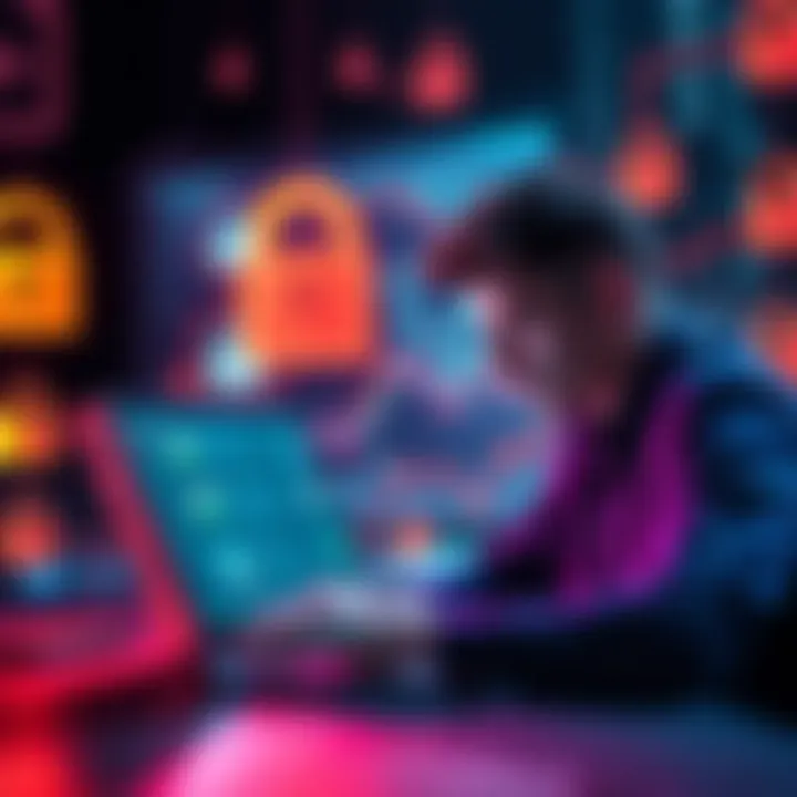 A person examining data on a laptop, surrounded by security locks and digital threat symbols, symbolizing the COLDCARD Wallet exploit investigation.