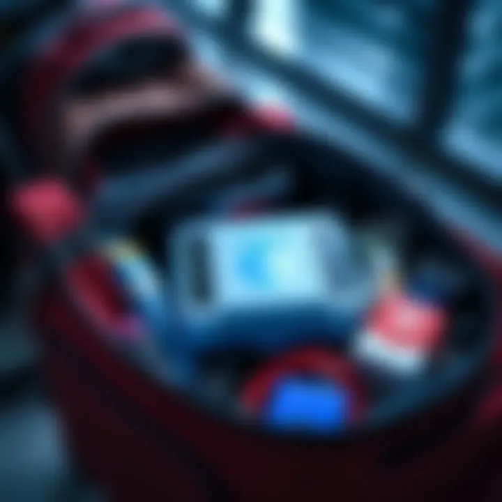 A Coldcard Q device placed safely in a carry-on bag with travel essentials around it.