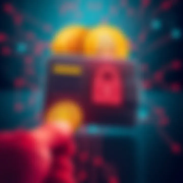 An illustration of a digital wallet showing vulnerabilities in Bitcoin security with codes and locks