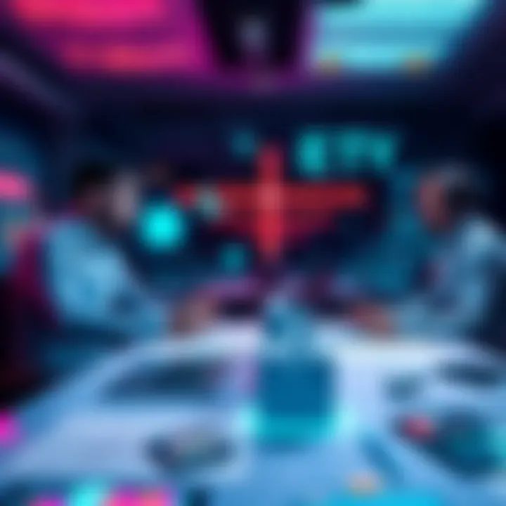 Representatives from Accenture, EQTY Lab, and Hedera discussing AI oversight in a meeting room with charts and technology on the table