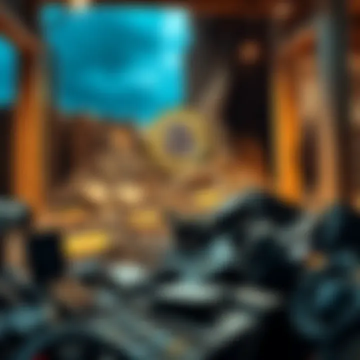 A broken bitcoin mining facility with damaged equipment and scattered materials, highlighting the aftermath of a failed venture.