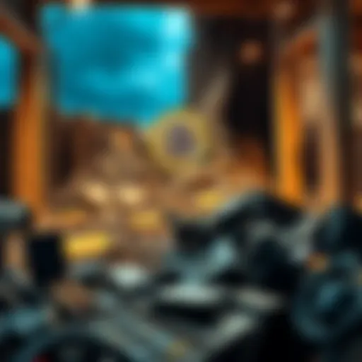 Collapsed Bitcoin Mining Operation A broken bitcoin mining facility with damaged equipment and scattered materials, highlighting the aftermath of a failed venture.
