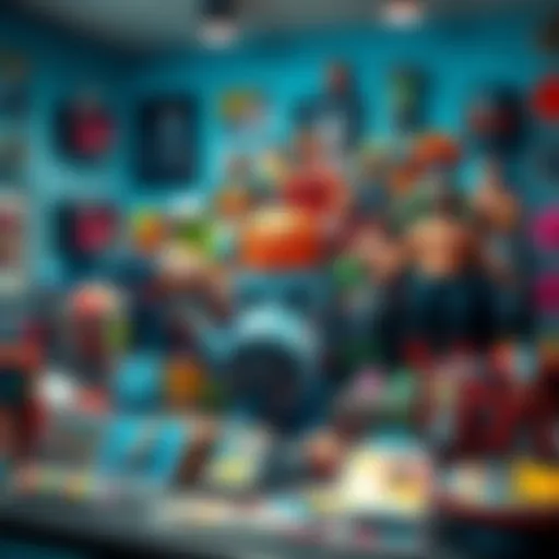 A colorful collection of various collectibles displayed on a table, showcasing items like action figures, trading cards, and rare memorabilia.