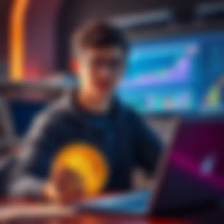 A college student holding a Bitcoin symbol while looking at financial charts and laptops, contemplating investment options.