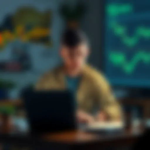 A college student sitting at a desk with a laptop, looking at cryptocurrency charts and notes, pondering investment strategies for Dogecoin.