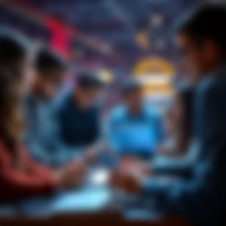 Group of college students collaborating at a hackathon event with laptops and brainstorming ideas