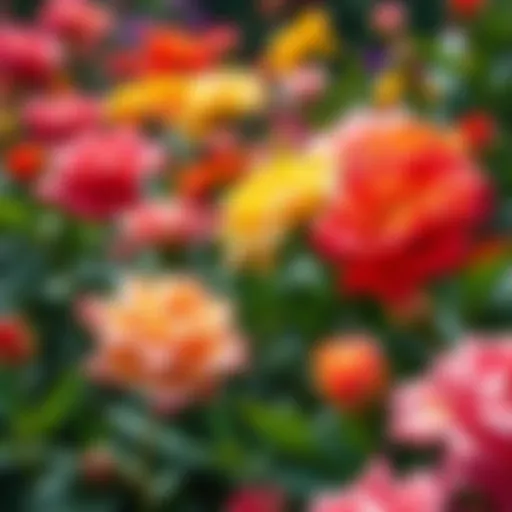 A close-up view of various colorful flowers, some resembling roses, showcasing their petals and leaves.