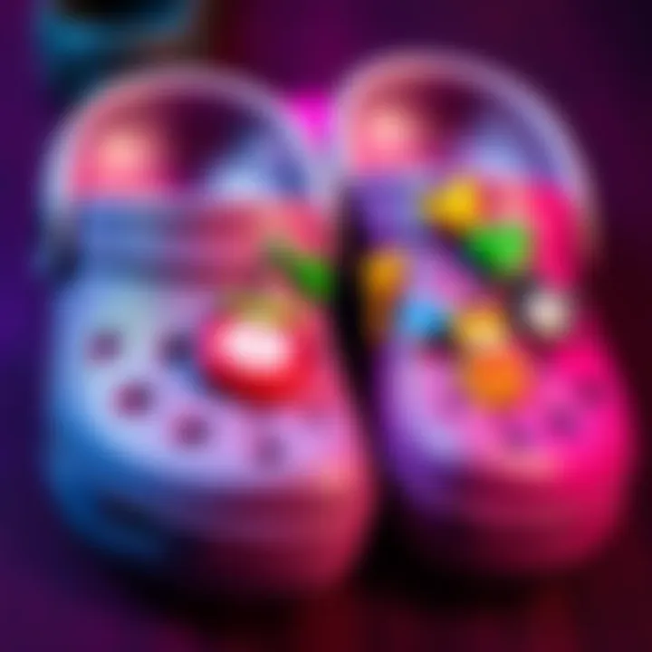 A close-up of colorful Jibbitz charms attached to a pair of Crocs, showcasing various designs to personalize the footwear.