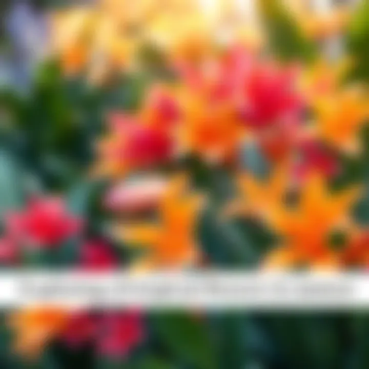 A variety of tropical flowers in bright colors like orange, pink, and yellow, showcasing their natural beauty in a garden setting.